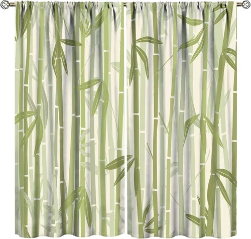 Vista 18 de Cortinas con estampado de bambú verde natural, plantas asiáticas, japonesas, tallos rústicos, hojas, cortina de selva con bolsillo para cortinero