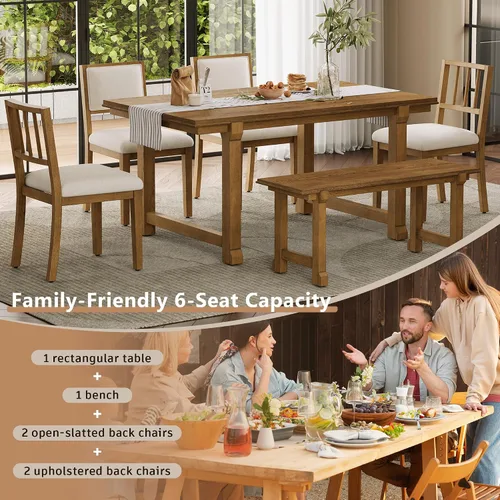 Vista 211 de Juego de mesa de comedor vintage de 6 piezas, juego de mesa de comedor de cocina de madera maciza con 4 sillas ergonómicas acolchadas y banco, mesa