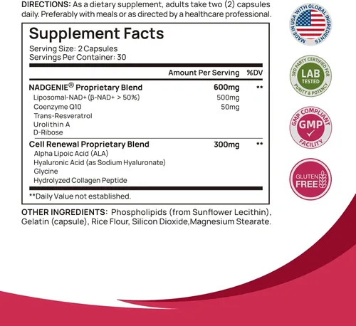 Vista 3 de Suplemento NAD+ para mujeres, alternativa NMN con β-NAD+, Trans-Resveratrol, CoQ10, D-Ribosa - Promueve la renovación celular, la energía y la salud