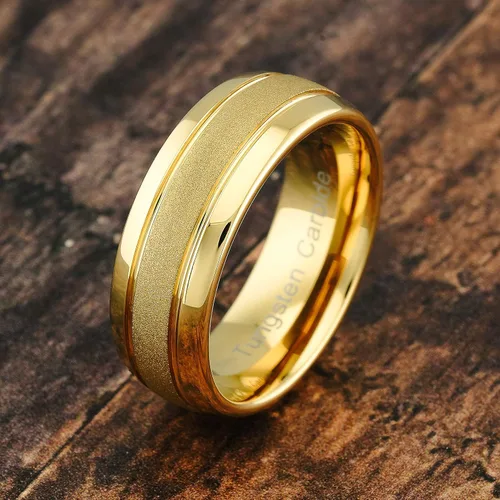 Vista 2 de 100S Jewelry - Anillos de tungsteno grabados personalizados para hombres y mujeres, anillo de boda de oro con acabado pulido, borde de cúpula