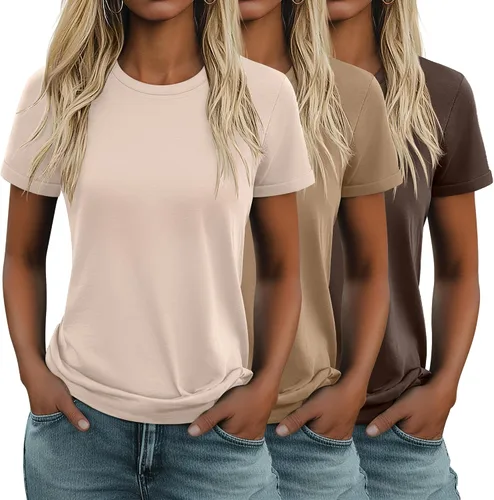 Vista 31 de Huukeay Paquete de 3 camisetas de algodón para mujer, estilo casual, de manga corta, cuello redondo, ajuste holgado, básica, lisa