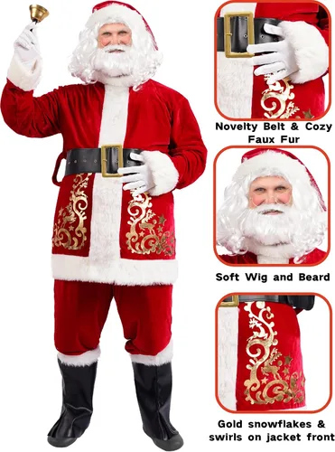 Vista 4 de Disfraz de Papá Noel para hombres y adultos, traje de Papá Noel, 11 piezas, traje de terciopelo rojo de lujo, juego de fiesta de Navidad