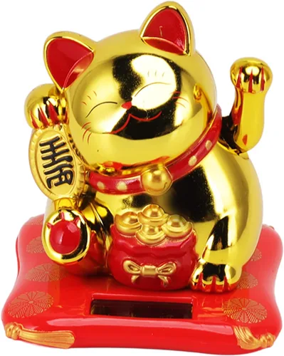 Vista 3 de Adorno de gato de la suerte alimentado por energía solar, gato de la fortuna agitando con cara sonriente, diseño de bolsa de bendición dorada