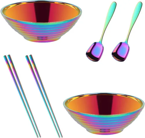 Vista 9 de Juego de tazones de sopa de fideos japoneses para ramen, 2 juegos (8 pulgadas) plateados de doble capa de acero inoxidable 18/8 con palillos