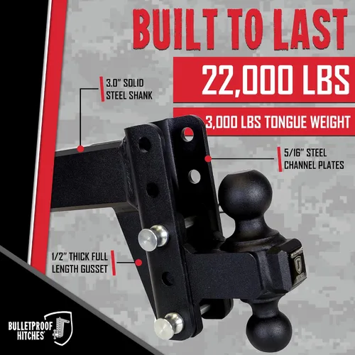 Vista 5 de BulletProof Hitches - Enganche de remolque ajustable resistente de 3.0 pulgadas (clasificación de 22,000 libras) - Enganche de remolque