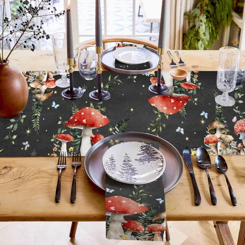 Vista 6 de Camino de mesa de lino y algodón con hongos de granja, luna nocturna y estrellas, bufanda negra de 13 x 60 pulgadas, lavable para cocina, comedor