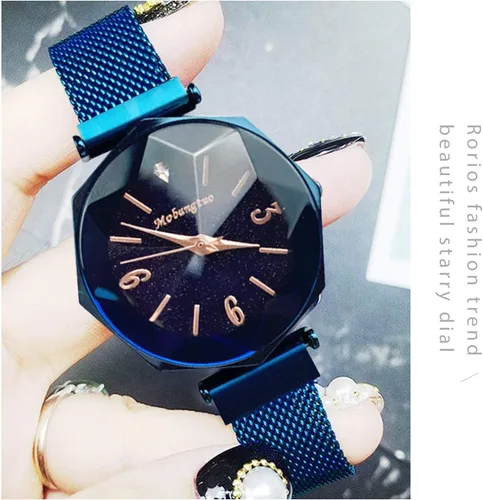 Vista 3 de RORIOS Relojes de pulsera para mujer con esfera de cielo estrellado brillante, hebilla de correa de malla de fácil uso, diamantes de imitación