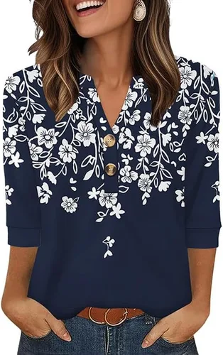 Vista 36 de OFEEFAN - Camisetas de manga 3/4 estilo Henley para mujer, blusas de moda de otoño 2025, atuendos escolares para maestras Raya