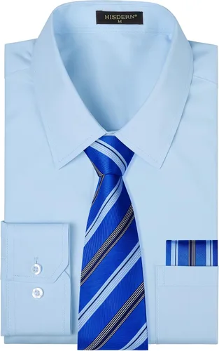 Vista 75 de HISDERN Mens Dress Shirt with Tie Pocket Square Set Classic Button Down Shirt Matching Tie Long Sleeve Shirts 08-verde