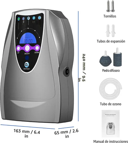 Vista 5 de Máquina de ozono, máquina multiusos de ozono de 1000 mg/h para aire, agua, frutas, verduras, dispositivo limpiador en agua, color gris oscuro