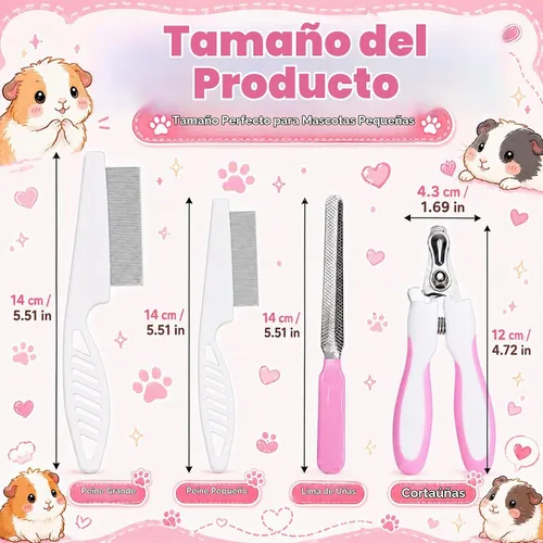 Vista 2 de Kit de cepillo de cobayas, peine de limpieza de hámster con cortaúñas, limas de uñas, herramienta profesional de aseo de animales pequeños