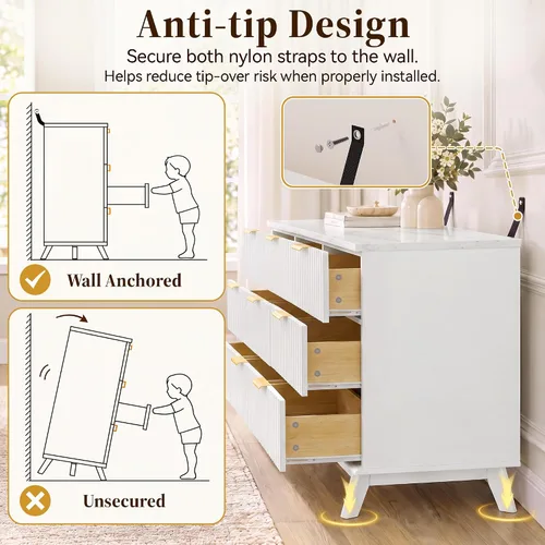 Vista 4 de YESHOMY Cómoda acanalada para dormitorio, cómoda de 57 pulgadas de ancho Blanco