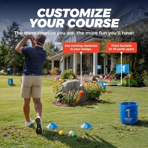 Vista 4 de TOY Life Juego de cubo de golf, juego de golf de 3 agujeros para adultos, familia y niños, campo de golf portátil con pelotas y bandera, juego