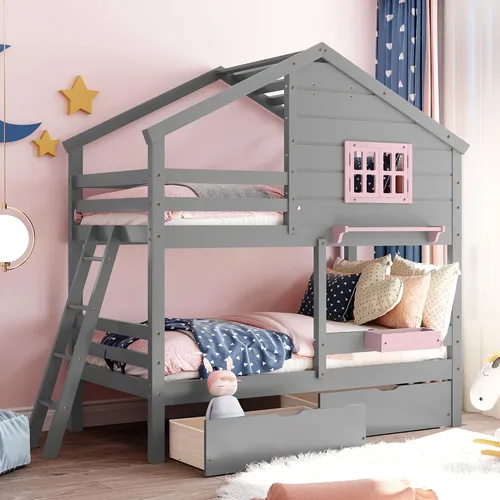 Vista 20 de Cama de Casa Tamaño Twin con Elegantes Ventanas y Estantería, Marco de Litera con Diseño de Castillo de Madera con Barandillas de Seguridad