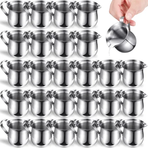 Vista 9 de Potchen Paquete de 6 cremas de campana de acero inoxidable de 3 onzas, mini jarras de leche para café con mango y tazas de boquilla para servir