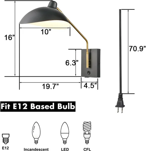 Vista 8 de CLAXY - Apliques de pared enchufables, color negro mate, iluminación de montaje en pared E12 Home Wall Lights with USB Charge Port-Set of 2, Plug