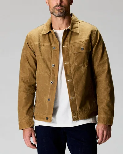 Vista 5 de Huckberry Flint and Tinder Chaqueta de Camionero Encerada con Forro de Franela para Hombre, Chaqueta para Hombre Resistente al Agua y a la Intemperie