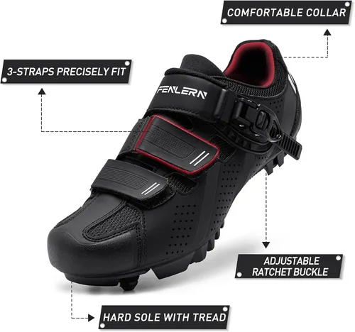Vista 4 de FENLERN Zapatos de ciclismo para hombre, zapatos de bicicleta de montaña MTB con hebilla de trinquete rápida, para montar en interiores