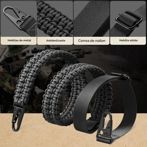 Vista 2 de VVAAGG Correa de 2 Puntos QD Ajustable de 550 Paracord con Gancho de Metal y Giratorias de Correa QD para Caza