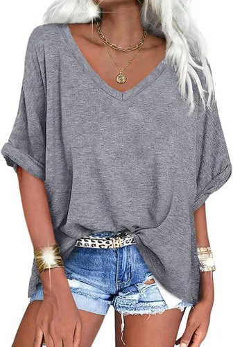 Vista 9 de UNCLECAT Camisetas de gran tamaño con cuello en V para mujer, camisas de manga corta de verano, holgadas, casuales
