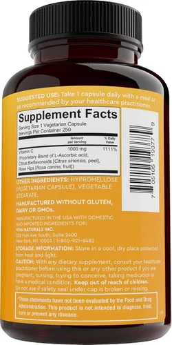 Vista 8 de Vitamina C Viva Naturals Premium Non-GMO con Bioflavonoides y escaramujos, 0.03527 oz, 250 cápsulas vegetales.