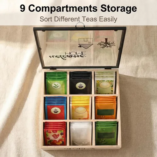 Vista 4 de Organizador de caja de té de madera con 9 compartimentos y ventana superior de acrílico transparente, caja de almacenamiento multifuncional, soporte