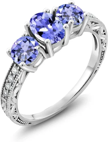 Vista 71 de Gem Stone King Anillo de compromiso de 3 piedras preciosas de oro blanco de 10 quilates con piedra natal y diamantes cultivados en laboratorio