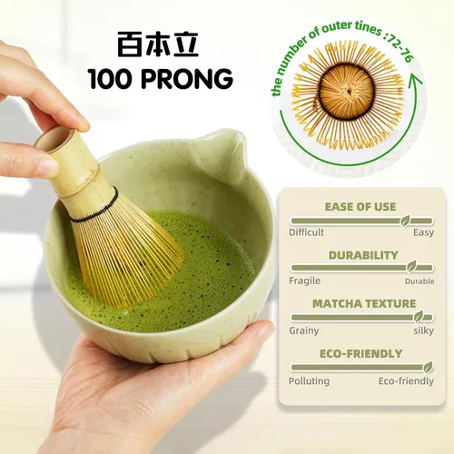 Vista 8 de Juego de batidor de matcha, juego de té japonés de 5 piezas, incluye cuenco de matcha con boquilla, batidor de bambú con soporte de cerámica
