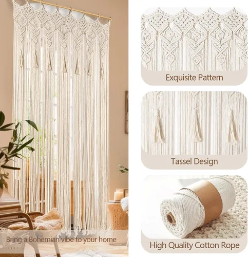 Vista 6 de Cortina bohemia de macramé hecha a mano con borlas, gran macramé para colgar en la pared, divisor de habitación para sala de estar, dormitorio
