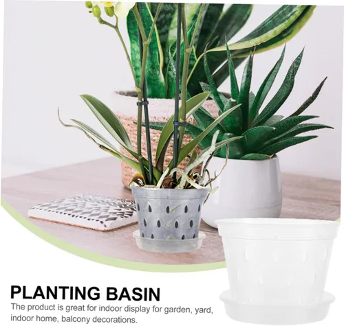 Vista 3 de 2 Sets Plastic Orchid Plant Nursery Pots with Saucers and Drain Holes Design for Root Viewing, Ventilated Base Tray, Home or Garden Use, Supports