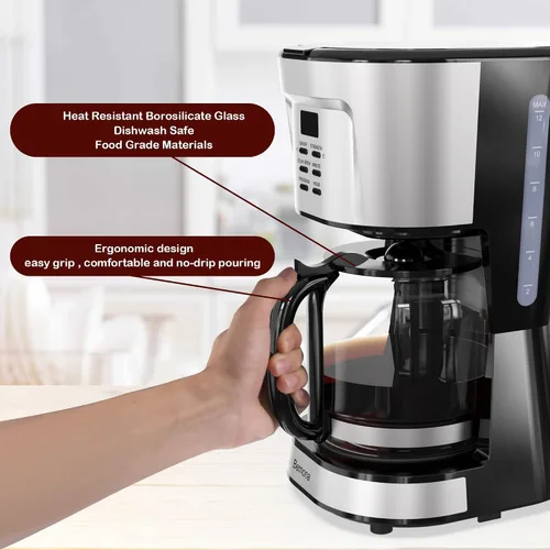Vista 5 de Cafetera de 12 tazas, cafetera de goteo programable con jarra de vidrio y filtro permanente, mantiene el calor automático, ventana de agua, cafetera