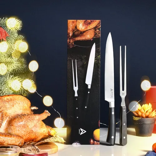 Vista 7 de Juego de Trinchar Pavo, Mango Ergonómico de Espiga Completa Cuchillo y Tenedor de Trinchar, Herramientas de Cocina de Acero Inoxidable Alemán