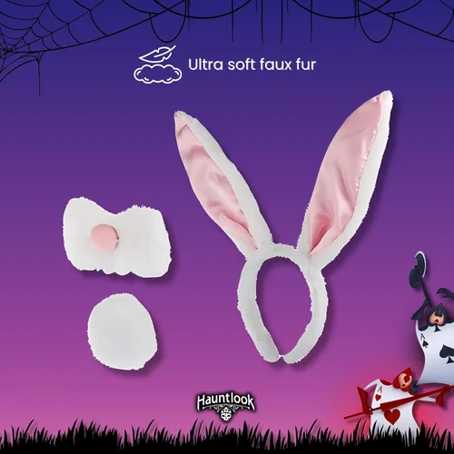 Vista 4 de Wonderland - Kit de accesorios de conejo – Lindo tocado con orejas de conejo blanco, nariz peluda, pin en la cola, reloj de bolsillo y gafas