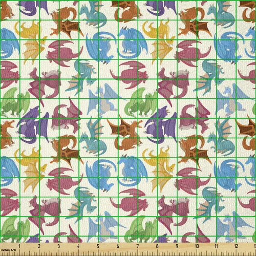 Vista 2 de Ambesonne - Tela de Dragón por The Yard, diseño de estilo de dibujos animados para niños con patrón de animales, dragones de colores, obra de arte