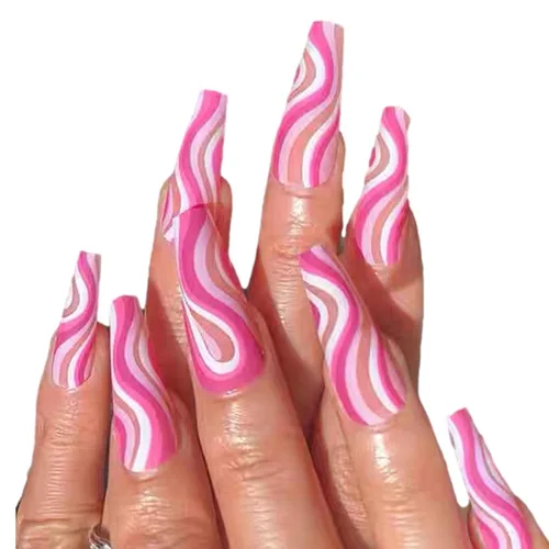 Vista 13 de Uñas postizas francesas a presión, uñas postizas largas de acrílico con forma de ataúd de cobertura completa, uñas postizas de bailarina