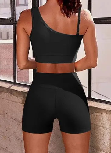Vista 6 de Conjuntos de entrenamiento para mujer, trajes de 2 piezas, un hombro, sin costuras, brasier deportivo de cintura alta, pantalones cortos