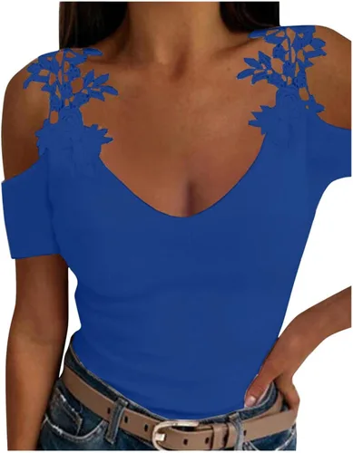 Vista 3 de FQZWONG Camiseta sexy de manga corta con cuello en V y hombros descubiertos para mujer, con tirantes florales, a la moda, para fiesta de verano
