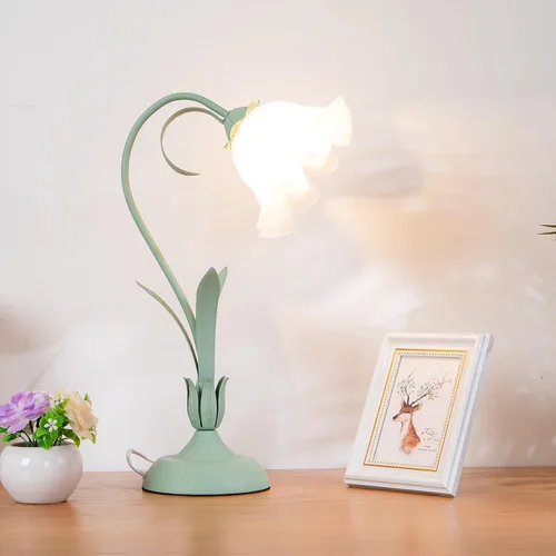 Vista 2 de Lámpara de mesa moderna regulable, lámpara de mesa de noche estilo flor verde con pantalla de cristal, lámpara de escritorio con interruptor