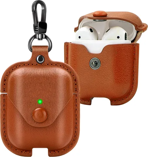 Vista 9 de Funda de cuero para Airpods con llavero, funda protectora de cuero vintage portátil a prueba de golpes para Apple AirPods 1 y AirPods 2 funda