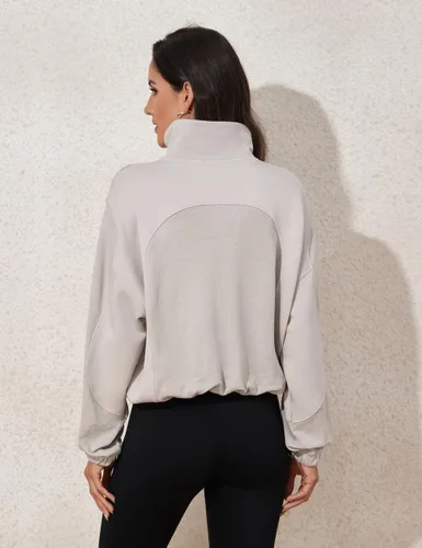 Vista 6 de PrettyGuide Sudadera corta con media cremallera para mujer, cuello alto, acanalada, con bolsillo
