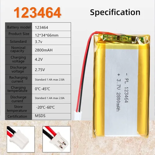 Vista 3 de 3.7V 2800mAh 123464 Lipo batería recargable de iones de polímero de litio con conector JST