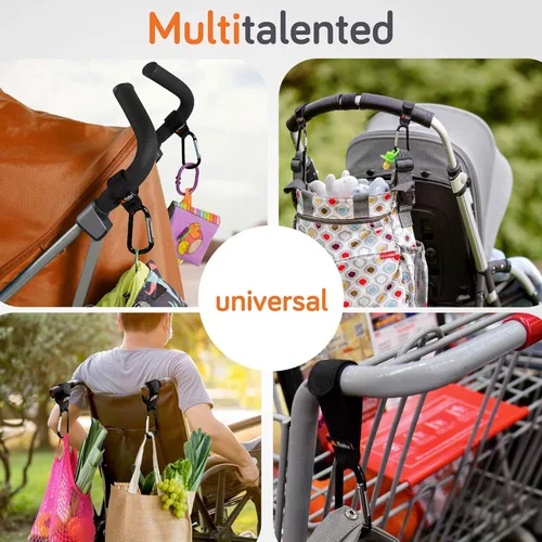 Vista 5 de Baby Uma Ganchos de cochecito para bolsas (paquete de 2) – Clips y ganchos universales para cochecito, antideslizantes con apertura con una sola