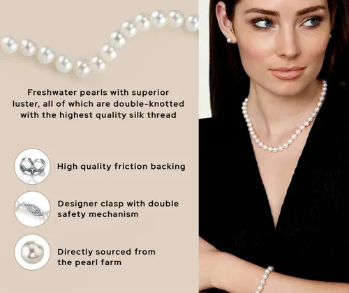 Vista 5 de The Pearl Source Juego de joyas de perlas de oro de 14 quilates para mujer, juego de collar y aretes de perlas de agua dulce con pulsera de perlas