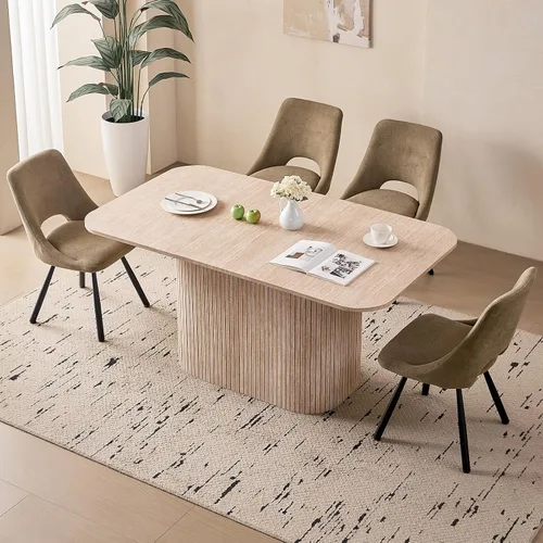 Vista 14 de Juego de 4 mesas de comedor grandes de 63 pulgadas para 4, esquinas redondeadas, mesa de cocina rectangular moderna de madera con sillas Boucle