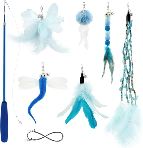 Vista 10 de SONGWAY Juguetes de varita para gatos de interior, juego de juguetes para gatos con varita retráctil y 6 recambios de juguetes de plumas, juguetes