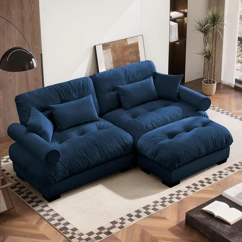 Vista 55 de SoarFlash Moderno sofá reclinable de terciopelo para sala de estar, sofá biplaza para apartamento, sofá de almacenamiento con marco de madera Azul