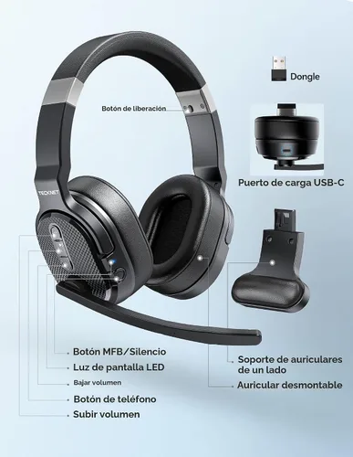 Vista 5 de TECKNET Auriculares Bluetooth para Camioneros, Auriculares Inalámbricos de Una y Dos Orejas con Micrófono para Trabajo con Cancelación de Ruido, 50