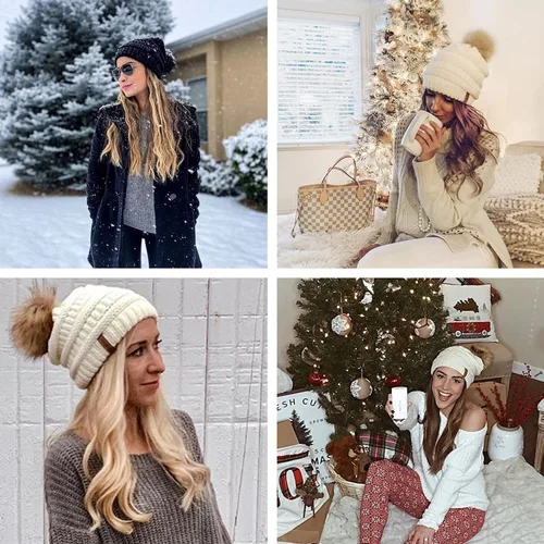 Vista 7 de FURTALK Gorro de invierno para mujer, con forro polar, gorro de punto con pompón de invierno con doble forro