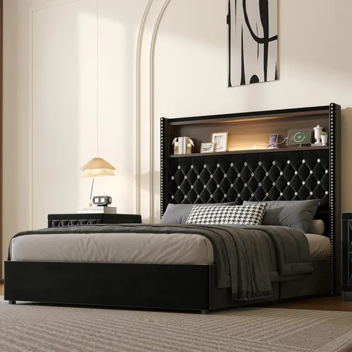 Vista 15 de VilroCaz Cama de plataforma suave de terciopelo de tamaño matrimonial de 52 pulgadas de alto y decoración de remaches, cama con plataforma