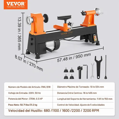 Vista 7 de VEVOR Torno de Madera de Sobremesa, 10 pulgadas x 18 pulgadas, 0.5 HP 370W Máquina de Torno para Madera, 5 Velocidades Variables